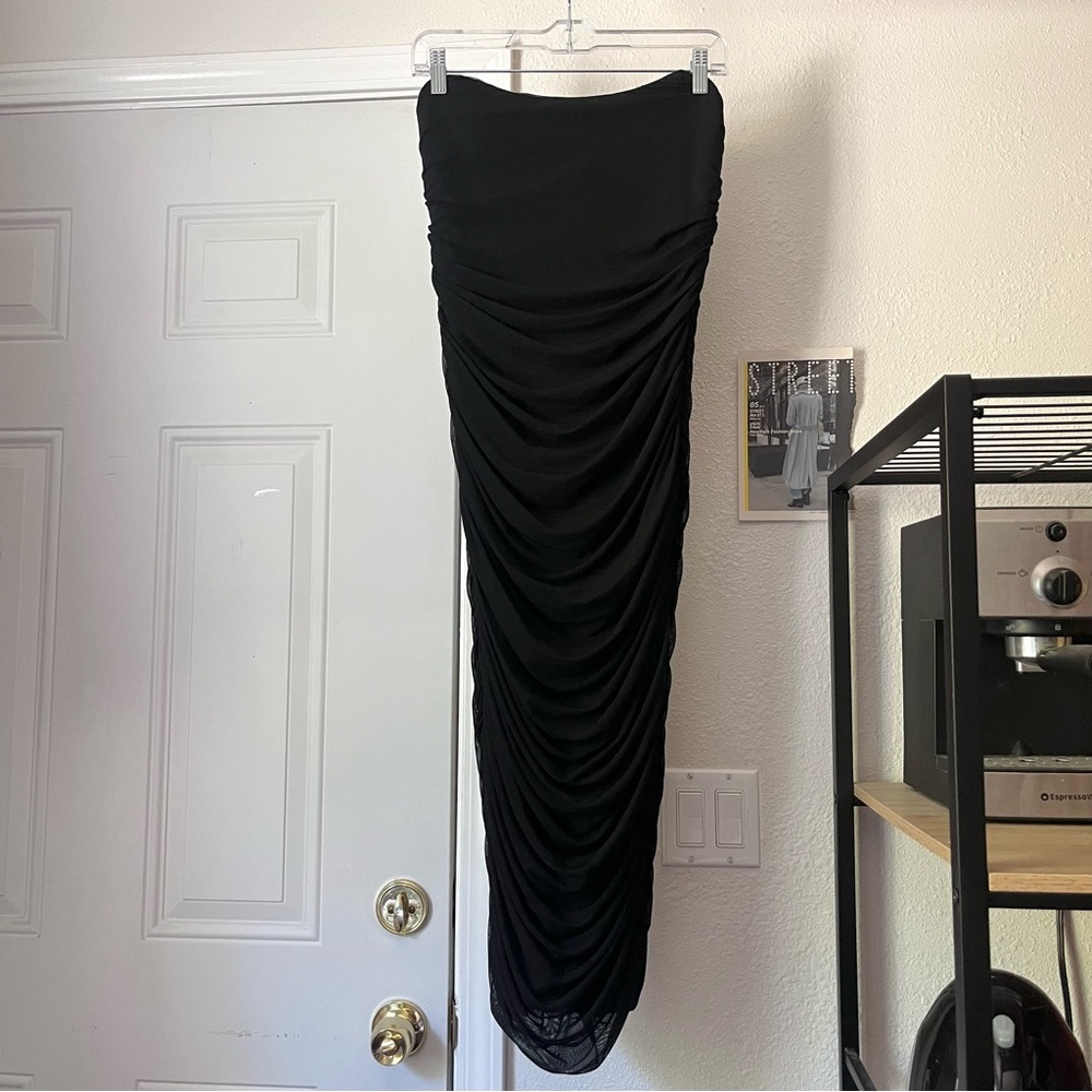 SHADES OF BLONDE black mesh knit‎ ruched strapless bustier corset bodycon midi